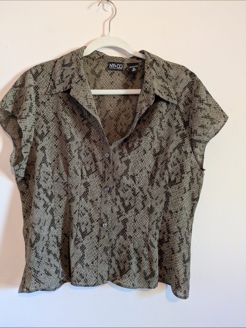New York & Company Olive and Dark Brown Snake Print Button-Down Blouse